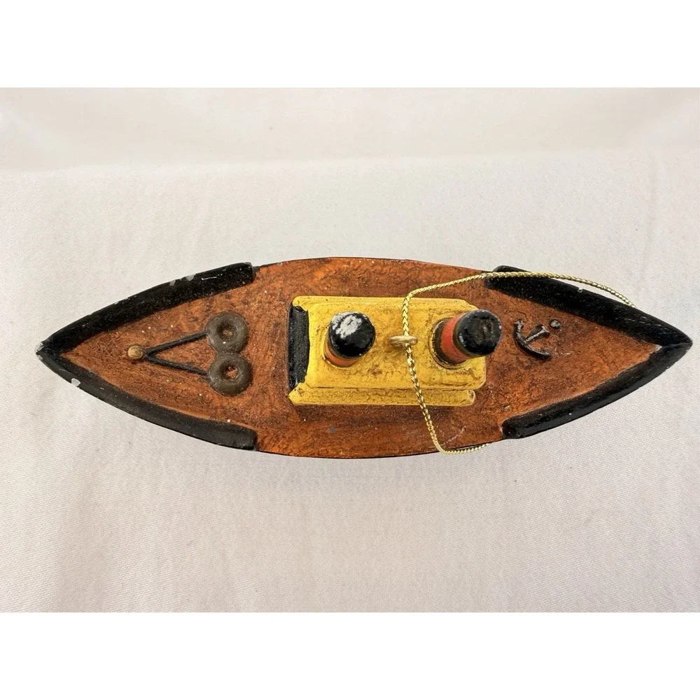Vintage Hand Carved Wood Tugboat Ornament Folk Art‎ Nautical Boat